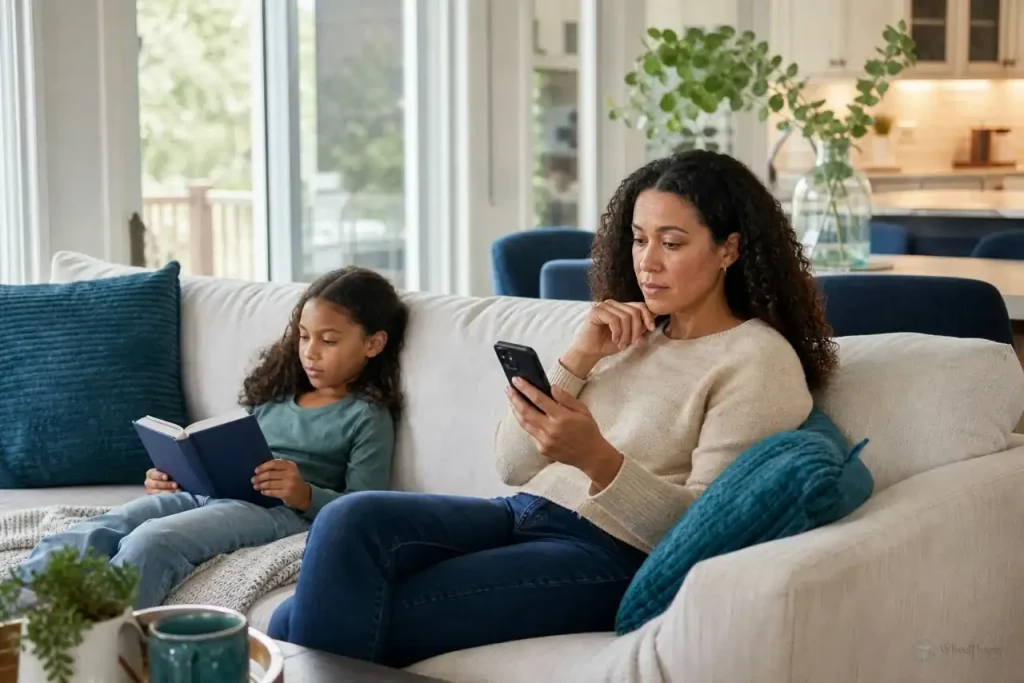 Parent using a phone to seek medical guidance while a child rests nearby