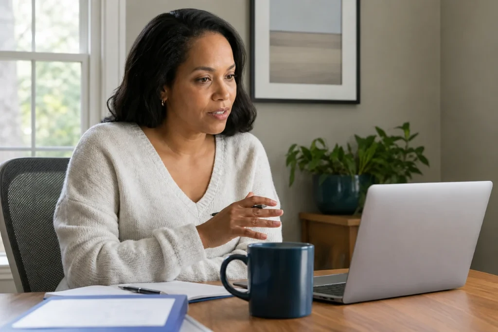 Adult patient having a routine telehealth consultation from home
