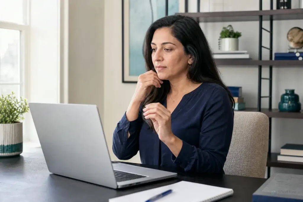 Patient sitting in a private well-lit room for a virtual healthcare appointment