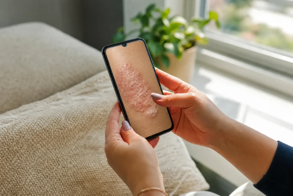 Patient using phone camera in natural light to prepare a non-identifying skin photo for a clinician